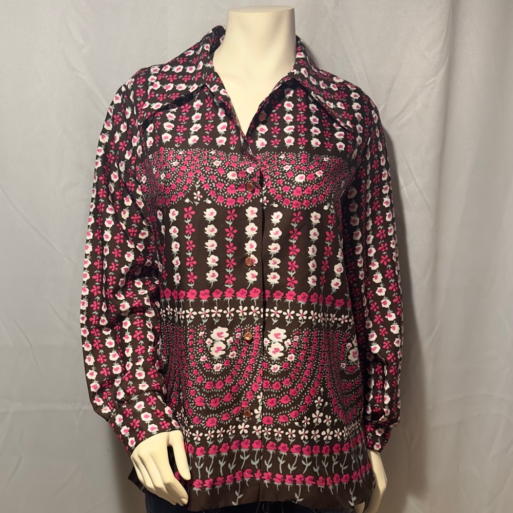 70s Mod Boho Pink Floral Blouse Pink Brown Pop Art Big Collar Sz Large